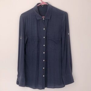 S 100% Silk Blouse Express Navy Silver Buttons Long Sleeve